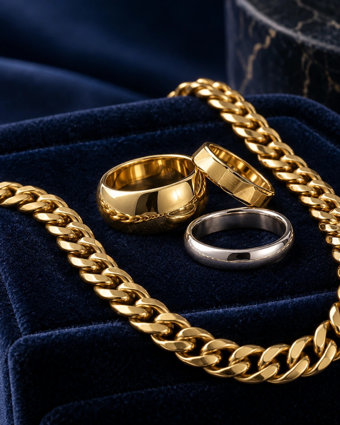 金のネックレスと金・プラチナの指輪のイメージ